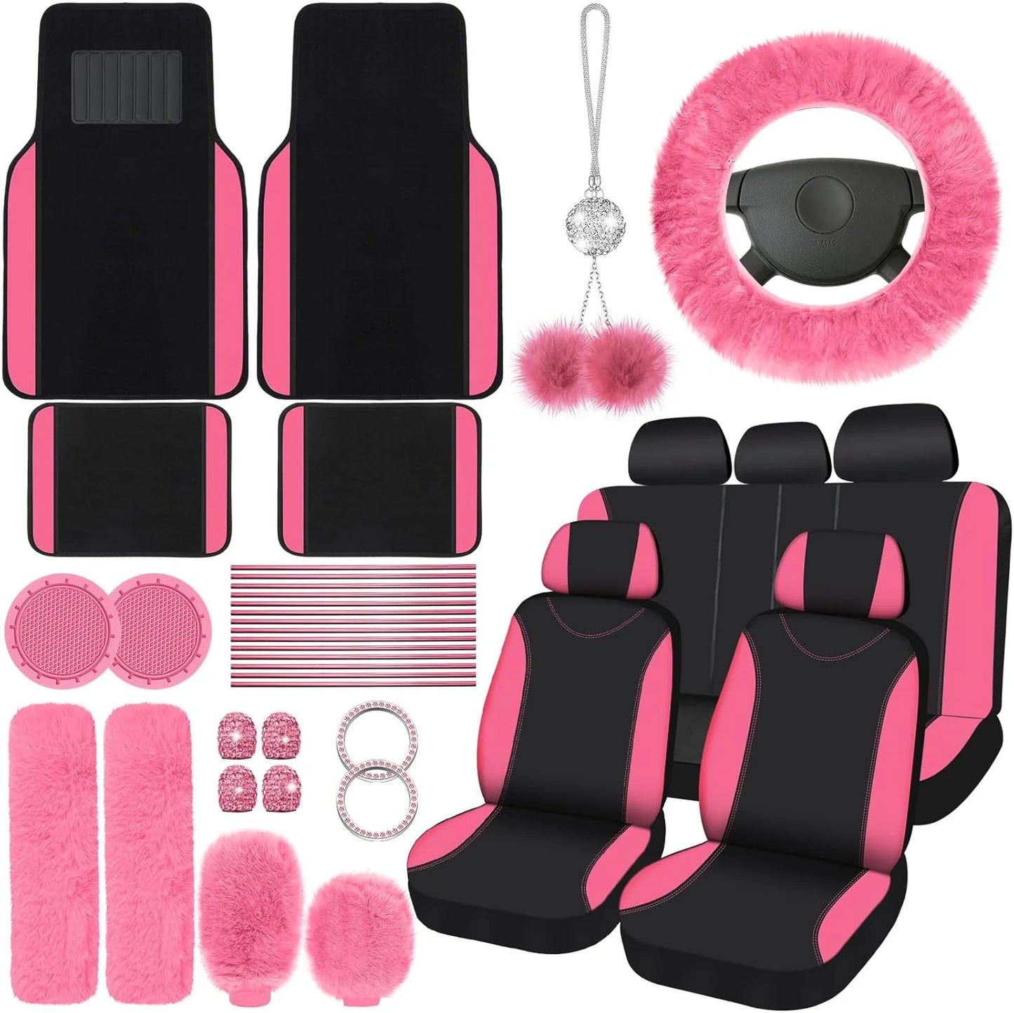 47-Piece Car Seat Cover Full Set – Fluffy Steering Wheel, Seat Belt Covers & Front/Rear Seat Protectors