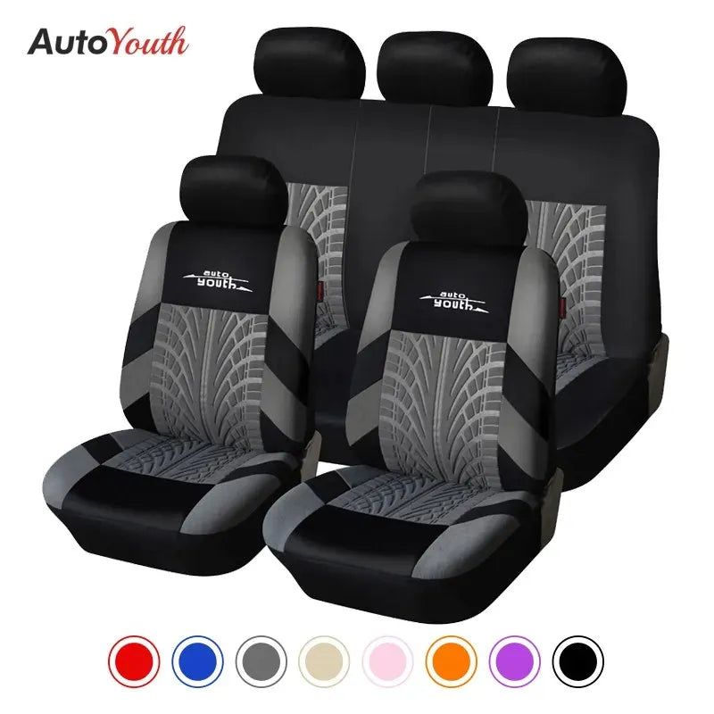 AUTOYOUTH Embroidered Car Seat Covers – Universal Fit with Tire Track Detailing, Seat Protectors for Most Cars