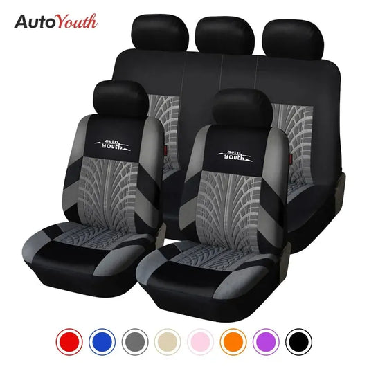 AUTOYOUTH Embroidered Car Seat Covers – Universal Fit with Tire Track Detailing, Seat Protectors for Most Cars