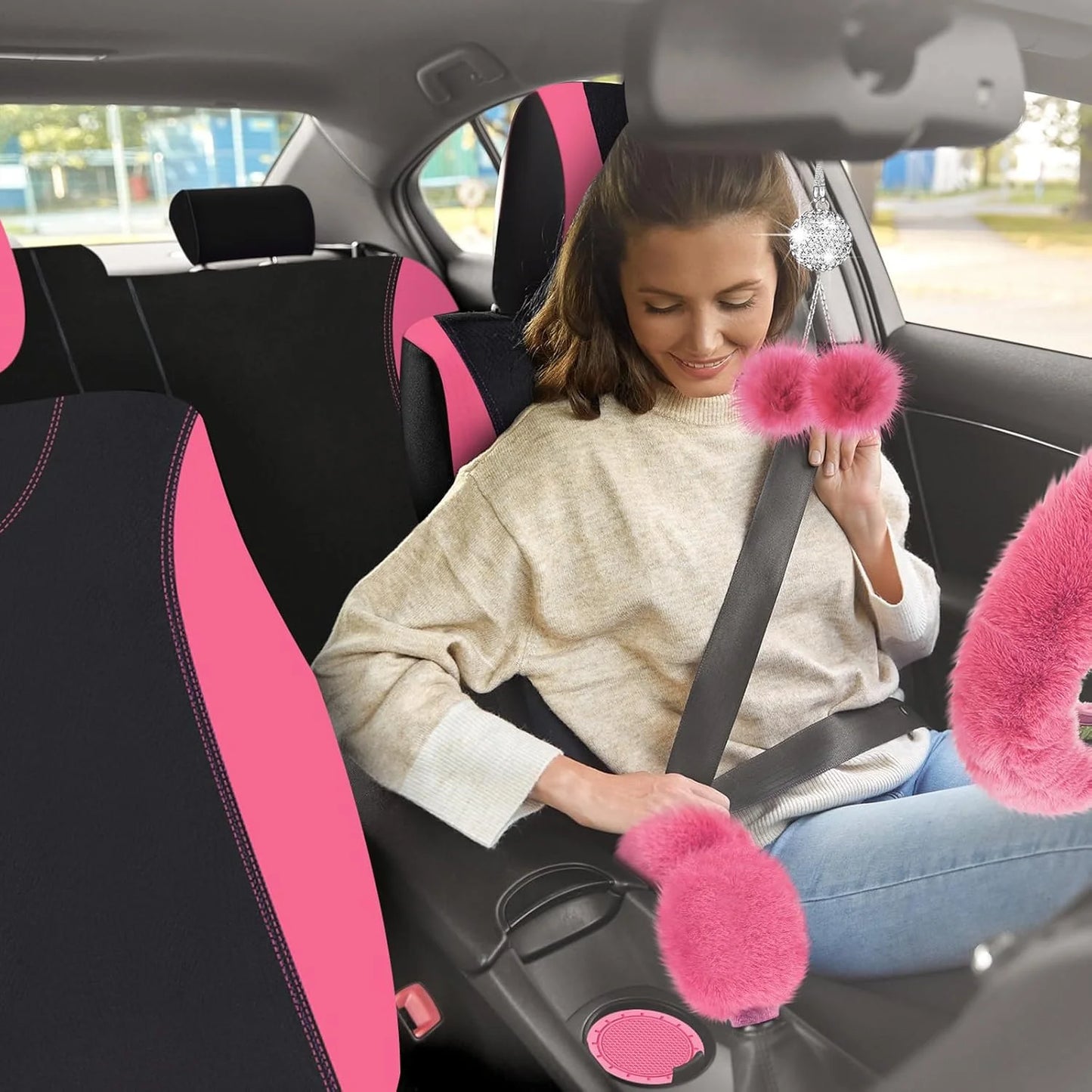 47-Piece Car Seat Cover Full Set – Fluffy Steering Wheel, Seat Belt Covers & Front/Rear Seat Protectors
